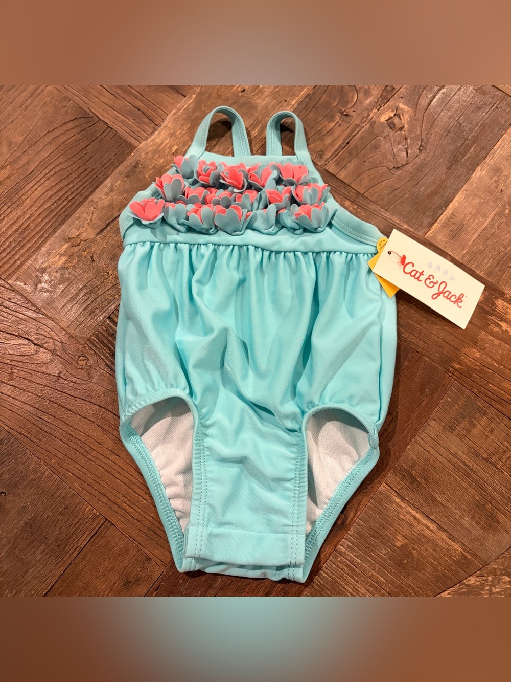 Cat & Jack Baby Girl Teal Aqua Pink Ruffle Flower One Piece Swimsuit 3-6M